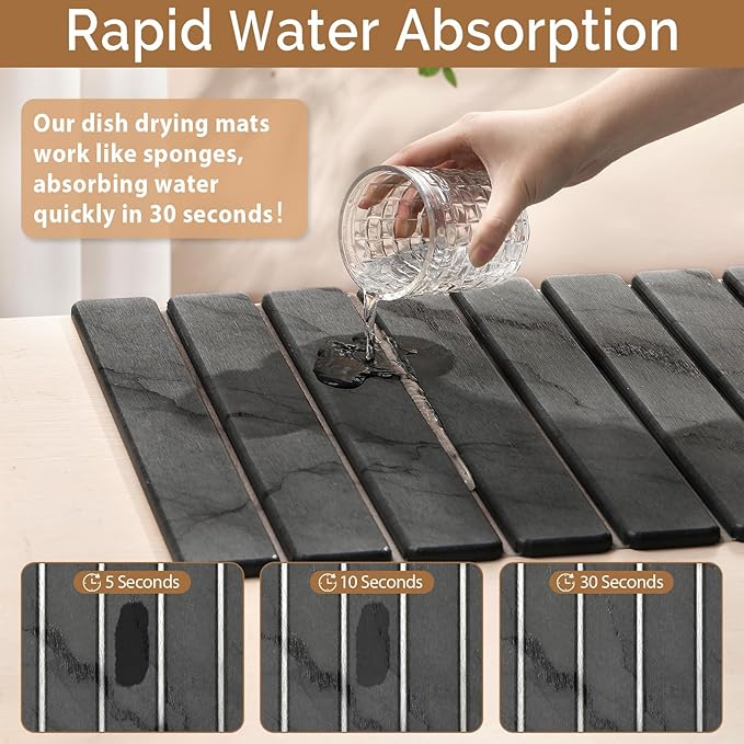 Large Stone Dish Drying Mat for Kitchen Counter, Quick Dry Stone Dishes Mats,Foldable Water Absorbing Diatomaceous Earth Drying Organizer Pad for Plate Rack Bottles Utensils(Dark Gray 24"×16" & 8"x4") - Image 3