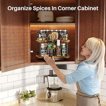 Lazy Susan Organizer Spice Rack - Spice Organization for Cabinet Height Adjustable Rotating Lazy Turntable, Pantry Kitchen Wood Revolving Seasoning Organizer (Vintage, 12 Inch) - Image 2