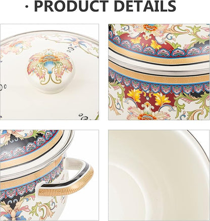 Retro Flower Enamel Stockpot with Lid,Stockpots for Cooking (5L-Mysterious Flower)