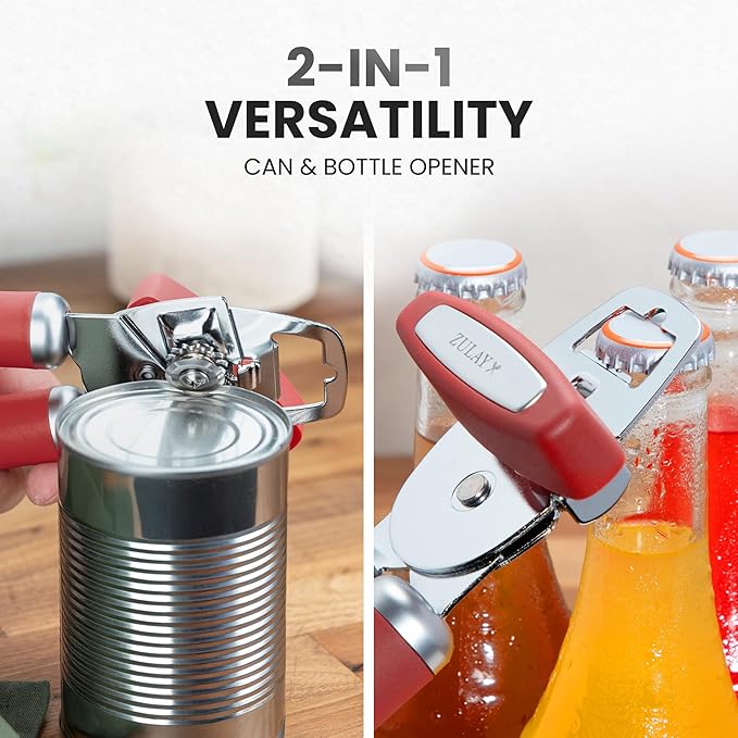 Zulay Kitchen Heavy Duty Stainless Steel Can Opener Manual with Bottle Opener - Rust Proof Manual Can Opener With Turn Knob & Comfy Soft Grip Handles - Red - Image 7