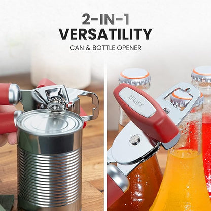 Zulay Kitchen Heavy Duty Stainless Steel Can Opener Manual with Bottle Opener - Rust Proof Manual Can Opener With Turn Knob & Comfy Soft Grip Handles - Red - Image 7