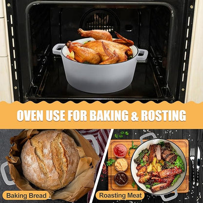 P&P CHEF 5Qt Dutch Oven Pot for Bread Baking (Gray), 2 In 1 Round Cast Iron Dutch Oven with Lid Set, Skillet & Pot for Roasting Braising Stewing Frying Simmering, Multi Stoves & Oven Safe - Image 4