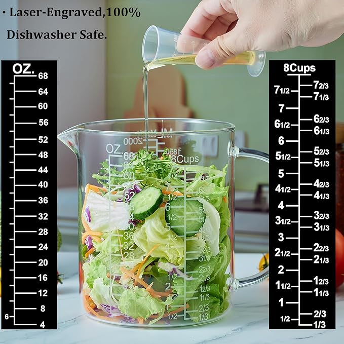 Ackers BORO3.3 Borosilicate Glass Measuring Cup with Insulated Handle, V-Shaped Spout, Clear, 2000ml/64oz Capacity, Etched Graduation, Easy to Read - Image 2