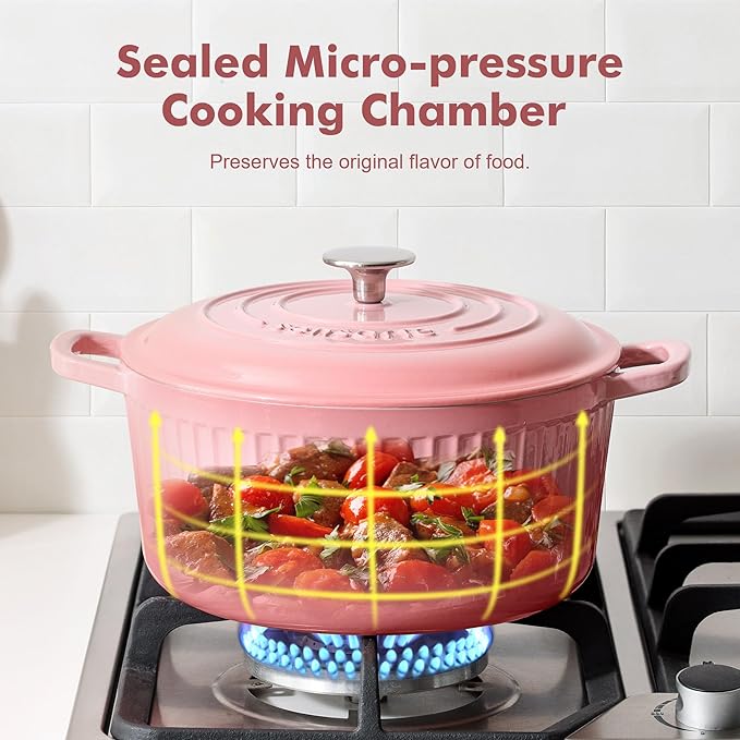 SENSARTE Enameled Cast Iron Dutch Oven Pot with Lid 3.5/5.5/6.5 Quart Heavy-Duty Round Dual Handles Kitchen Pot with Cotton Potholders & Silicone Trivet, Pot for Bread Baking, Stews, Braising, Roasting, Oven Safe, 3.5 Quart, Pink