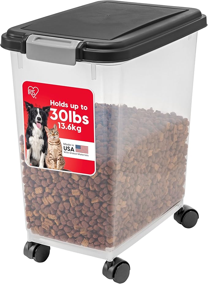 IRIS USA Airtight Dog Food Storage Container, Up to 30 lbs, Attachable Wheels, for Dog Cat Bird and other Pet Food Storage Bin, Keep Fresh, Easy Mobility, BPA Free, Black by IRISUSA