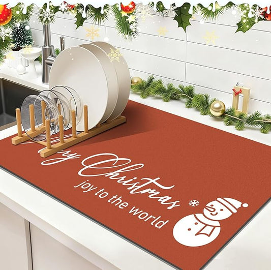 Findosom Christmas Dish Drying Mat, 12" x 20" Super Absorbent & Cuttable Dish Mat with Hello Sunshine Pattern, Hide Stain Drying Mat for Kitchen Counter Coffee Maker Dining Room Decoration, Red by Findosom