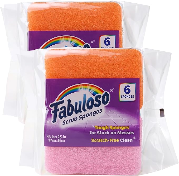 Fabuloso Scratch-Free Kitchen Dish Sponges, Rainbow Cellulose Scrubber Sponge with Scouring Pad for Dishes, Pots, Pans, Counters and Sinks, Tough on Messes, 4.25 x 2.75 x 1.25 in, 6 Count - 2 Pack by Fabuloso