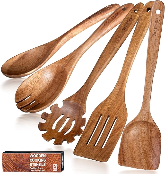 Wooden Spoons for Cooking - 5-Piece Wooden Kitchen Utensil Set made of Natural Solid Wood Material - Includes Salad Spoons, Spaghetti Spoon,Slotted Spatula, Salad Fork, Flat Spatula(A05) by WOTTISH