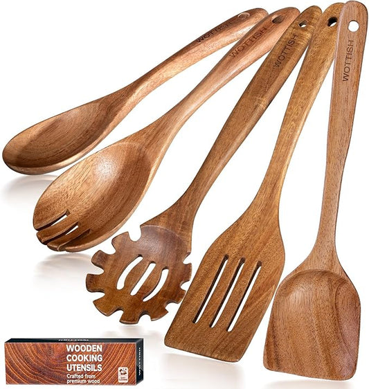 Wooden Spoons for Cooking - 5-Piece Wooden Kitchen Utensil Set made of Natural Solid Wood Material - Includes Salad Spoons, Spaghetti Spoon,Slotted Spatula, Salad Fork, Flat Spatula(A05) by WOTTISH