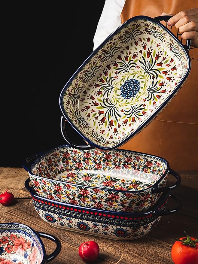 Vintage Style Pottery Bakeware Ceramic Casserole Dish Baking Pan Lasagna Pans Baking Dish with Handles for Oven/Cooking/Kitchen-1 PCS, Large Capacity, 60 OZ - Image 7