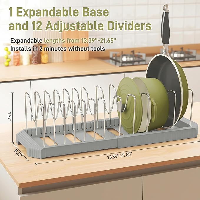Pots and Pans Organizer for under Cabinet, Pan Pot Organizers inside Cabinet, Expandable Organizer with 12 Adjustable Dividers for Cookie Sheets, Cutting Boards, Pot Lids, Cookware - Pan Rack, Grey - Image 3