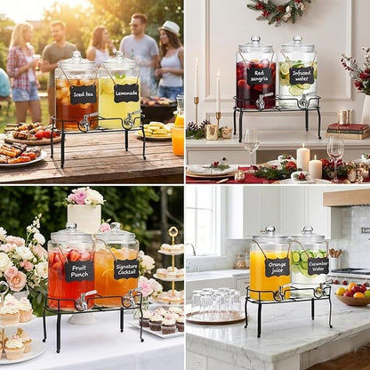 1 Gallon Glass Drink Dispenser Set of 2, Drink Dispensers for Parties, Beverage Dispenser with Stand, Glass Lid, 100% Leakproof Spigot, Ideal for Lemonade, Juice, Iced Tea, Laundry Detergent Dispenser
