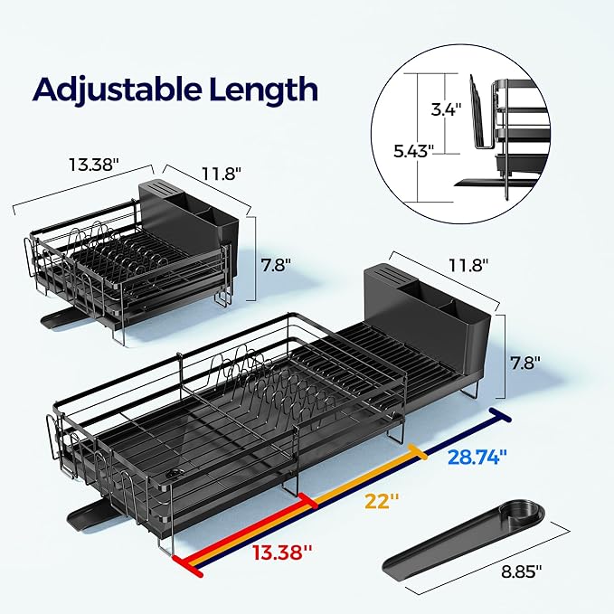 Large Dish Drying Rack, Expandable Dish Rack for Kitchen Counter, Dish Drainer with Drainboard Set, Multifunctional Dishrack with Utensil & Cup Holder, 13.4"-28.7" L x 11.8" W x 7.8" H, Black - Image 6