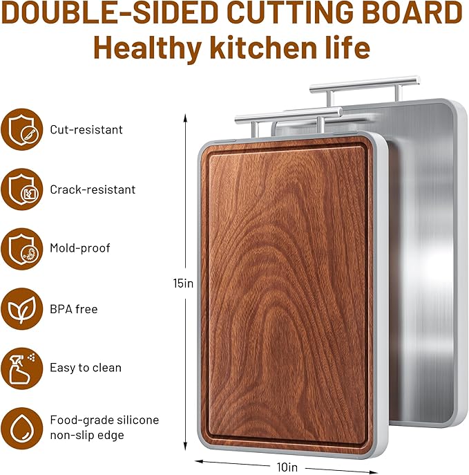 Titanium Cutting Boards For Kitchen,Ebony Wood Cutting Board,Double Sided Metal Chopping Board With Handle And Juice Groove, Idea Kitchen Appliances For Meat And Charcuterie - Image 8