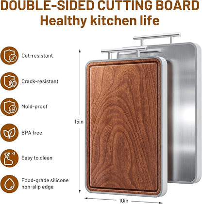 Titanium Cutting Boards For Kitchen,Ebony Wood Cutting Board,Double Sided Metal Chopping Board With Handle And Juice Groove, Idea Kitchen Appliances For Meat And Charcuterie - Image 8