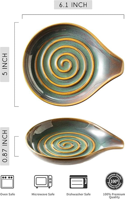 LAUCHUH Spoon Rest for Kitchen Counter,5" Spoon Holder for Kitchen Counter Stove Top Ceramic Spatula Holder for Mother's Day, Ladle, Spatula, Spoons or Tongs, Unique Green