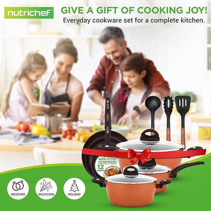 NutriChef Professional 12-Piece Brown Nonstick Cookware - PFOA/PFOS-Free, Heat Resistant Lacquer, Elegant Design, Multi-Sized Pots and Pans - Image 7