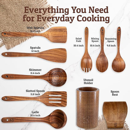 PriorityChef Wooden Spoons for Cooking, Premium 8pc Teak Wood Utensil Set with Hanging Hooks, Utensil Holder and Spoon Rest - Image 4