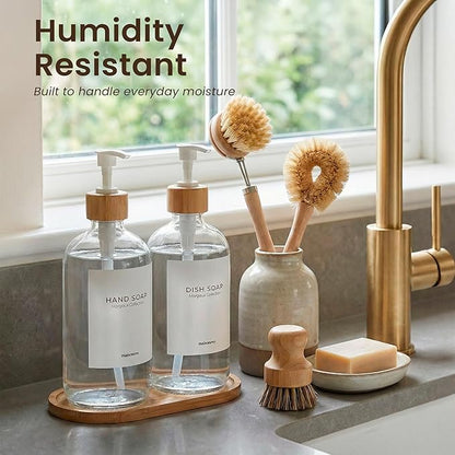 MaisoNovo Glass Dish Soap Dispenser for Kitchen Set of 2-16.9oz Clear Dish and Hand Soap Dispenser Set for Kitchen - Clear Glass Bottles x 2 with White Bamboo Pumps & Tray