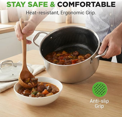 NutriChef 5 QT Stainless Steel Stew Pot - Triply Kitchenware Stew Pot with Glass Lid - DAKIN Etching Non-Stick Coating, Scratch-resistant Raised-up Honeycomb Fire Textured Pattern - NutriChef NC3PCAS