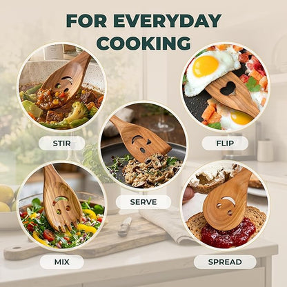 MFC 5-Piece Wooden Cooking Spoons - Kitchen Set from Natural Cherry Wood - Wooden Spoons for Cooking - Funny Utensil Set with Smiley Faces - Cooking Multipurpose Wood Utensils - Image 3