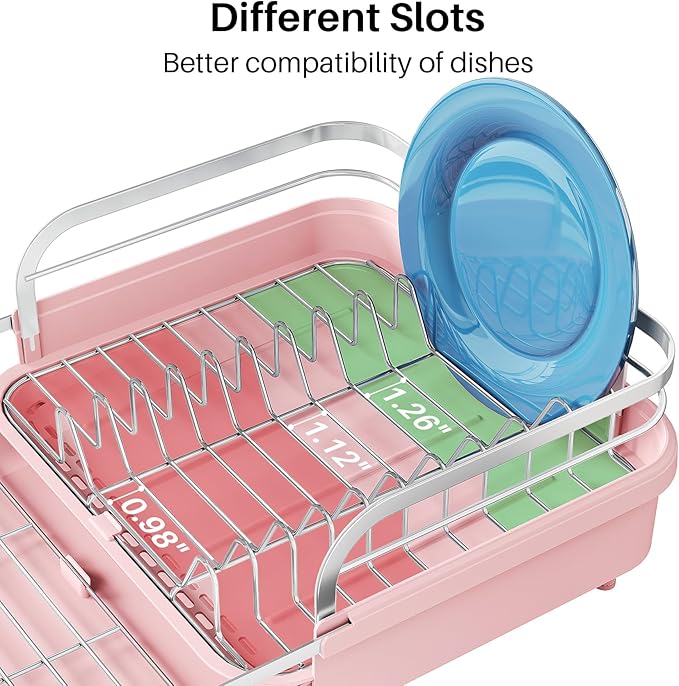 SNTD Dish Drying Rack, Expandable Dish Rack for Kitchen Counter, Stainless Steel Dish Drainer with Drainboard Set and Utensil Holder (Pink) - Image 6