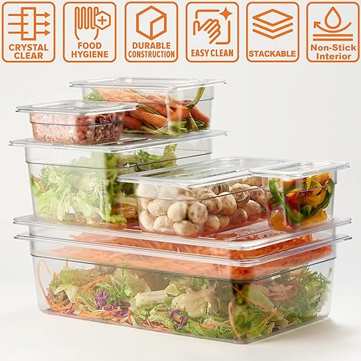 CURTA 6-Pack Full Size 6" Deep NSF Polycarbonate Food Pans | Dishwasher & Freezer Safe Clear Container for Prep Tables, Buffet, Salad Bar, Commercial & Home Kitchen