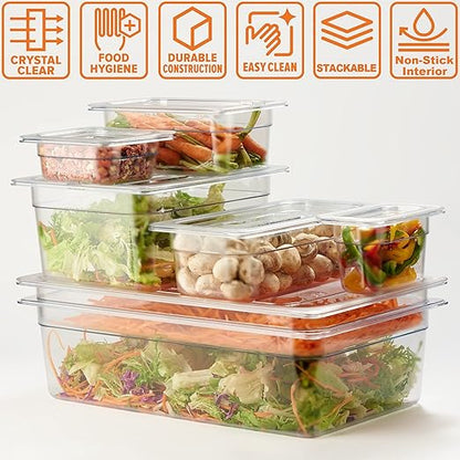 CURTA 6-Pack 1/2 Size 6" Deep NSF Polycarbonate Food Pans | Dishwasher & Freezer Safe Clear Container for Prep Tables, Buffet, Salad Bar, Commercial & Home Kitchen
