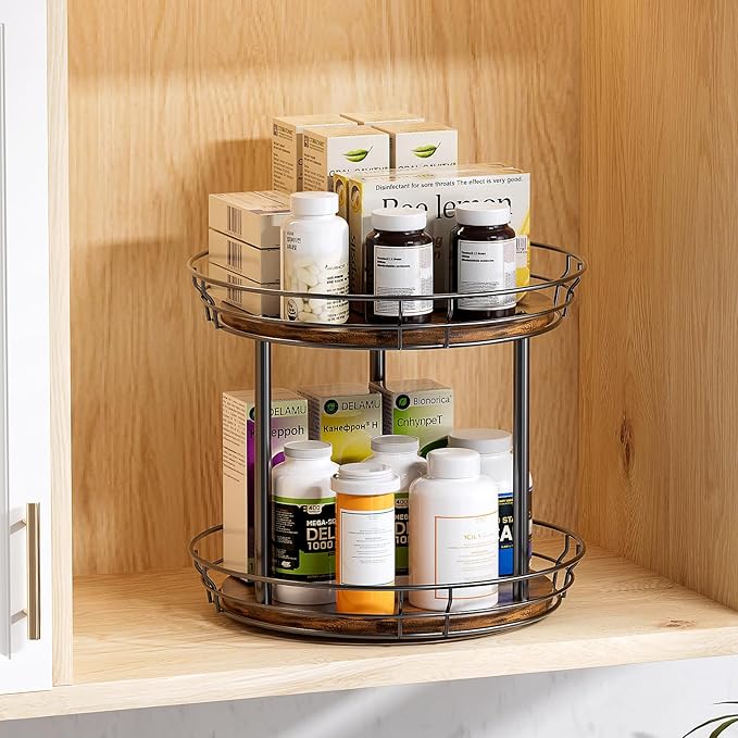 LAMU 12'' Lazy Susan Turntable Organizer, 2 Tier Round Rotating Spice Rack Organization for Kitchen Cabinet and Countertop, Wooden Lazy Susan for Table Top, Pantry, Bathroom, Vanity, Home Decor - Image 7