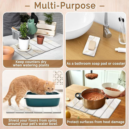 Small Stone Dish Drying Mat for Kitchen Counter, 15.7"×12" & 8"x4" Quick Dry Stone Mats, Foldable Water Absorbing Diatomaceous Earth Drying Dish Pad for Countertop Bottles Utensils Cup(Gold White) - Image 6