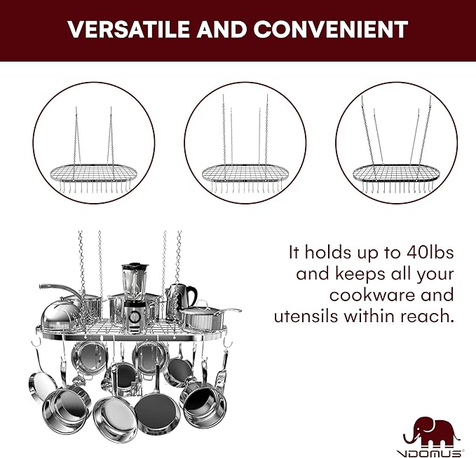 Vdomus Hanging Pot Rack - Ceiling Mount Kitchen Organizer for Pots and Pans with 15 Hooks - 33 x 17 Inches Heavy-Duty, Durable and Space-Saving Pan Holder - Silver - Image 3