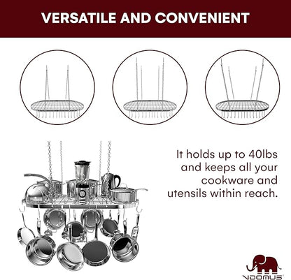 Vdomus Hanging Pot Rack - Ceiling Mount Kitchen Organizer for Pots and Pans with 15 Hooks - 33 x 17 Inches Heavy-Duty, Durable and Space-Saving Pan Holder - Silver - Image 3