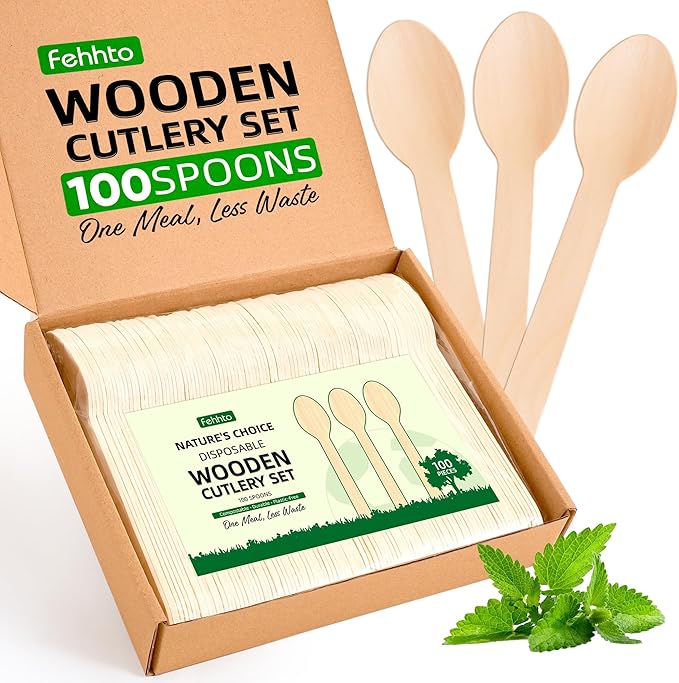 Disposable Wooden Utensils Set, Compostable Utensils, Disposable Cutlery Eco-Friendly Silverware Set for Parties, Catering, Office Lunches-100 PCS 6.2" Spoons