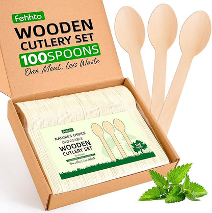 Disposable Wooden Utensils Set, Compostable Utensils, Disposable Cutlery Eco-Friendly Silverware Set for Parties, Catering, Office Lunches-100 PCS 6.2" Spoons