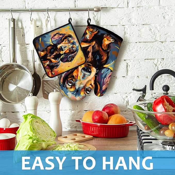 Watercolor Dog Oven Mitts and Pot Holders Sets Heat Resistant 4Pcs Potholders Oven Gloves Hot Pads for Kitchen Baking Cooking Grilling BBQ