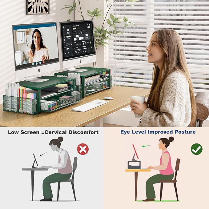 OPNICE Desk Organizers and Accessories, 2-Tier Computer Monitor Stand Riser with Drawer and 2 Pen Holders, Laptop Stand, Office Desk Accessories for Office Supplies, Dark Green - Image 5