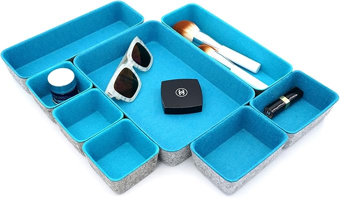 Welaxy desk drawer organizer tray felt storage bin for home office entryway catchall key holder makeup crafts pens decluttering 8-piece gift Solution (Turquoise) by Welaxy