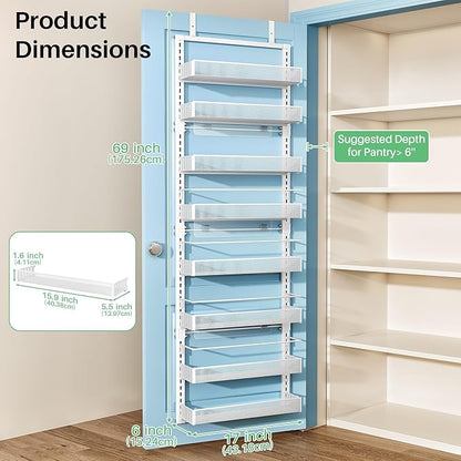 SNTD 8 Tiers Over the Door Organizer - Height Adjustable Pantry Organizers and Storage with Dense Mesh Baskets, Anti-Swing Hanging Door Spice Rack for Kitchen Bathroom (White, 17" W x 6" D x 69" H) - Image 7