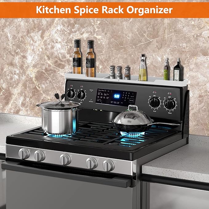 AWOKE Stove Top Shelf 30 Inch - Silicone Material Magnetic Shelf for The Stove - 3 Functional Partitions Kitchen Spice Rack Organizer - White - Image 4
