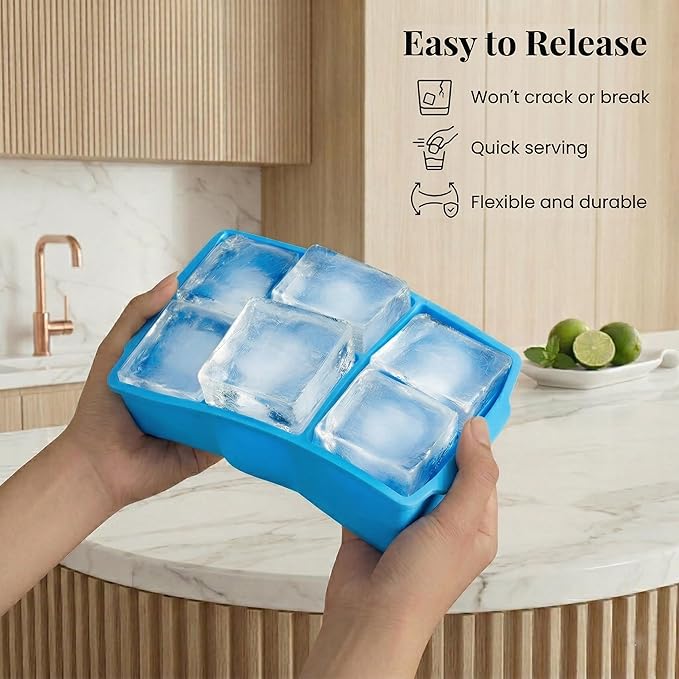 KitchFort Large Silicone Ice Cube Tray (2-Pack), Easy Release 2" Big Ice Cubes - Cocktail, Whiskey Ice Cubes Mold - Ice Trays for Freezer with Lid - Stackable Silicone Ice Tray - Blue - Image 3