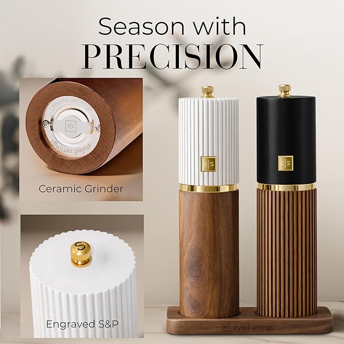 Wooden Salt and Pepper Grinder Set – Refillable Manual Salt and Pepper Mills with Adjustable Ceramic Burrs, Gold Detailing, and Wood Stand – White, Black and Acacia - Image 3
