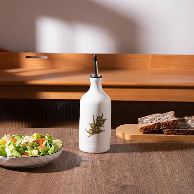 Sweejar Ceramic Olive Oil Dispenser Bottle, Opaque Oil Cruet Protects to Reduce Oxidation, Suitable for Storage Vinegar, Coffee Syrups & Other Liquids, Pack of 1, 15.5 Fl Oz(Olive Leaf White) - Image 4