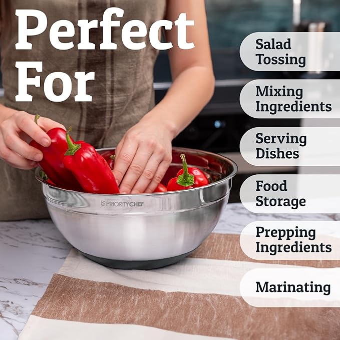 Priority Chef 6Pc Large Mixing Bowls With Lids Set with Non-Slip Bases, Stainless Steel Mixing Bowl Set, 6 Airtight Lids and 3 Graters, Grey - Image 5