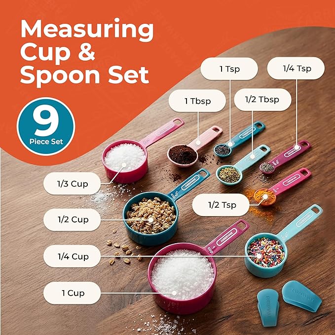 Farberware Kitchen Basics Measuring Cup & Spoon Set, 9-Piece Colorful Nesting Design with Easy-to-Read Markings - Stackable Cooking & Baking Tools with Ring Organizer, Dishwasher Safe Plastic - Image 3
