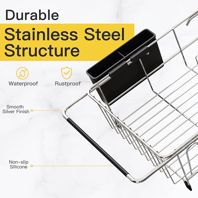 JASIWAY Dish Drying Rack in Sink, Expandable Stainless Steel Dish Drainers with Drainboard for Kitchen Counter, Space Saving Dish Dryer Rack, Over The Sink Dish Racks with Utensil Holder, Sliver - Image 5