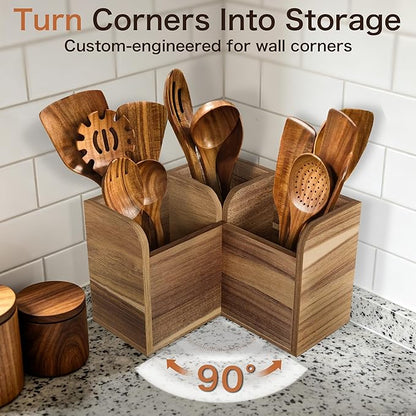 Acacia Wood Kitchen Utensil Holders for Countertop, Wooden Corner Utensils Holder with 3 Compartment, Farmhouse Utensil Caddy for Storage Cooking and Silverware, Opened Up Counter Space