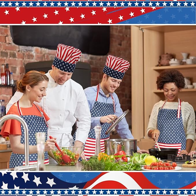 SATINIOR USA 4th of July Flag Kitchen Chef Hat Adjustable Apron 250th Independence Day Apron Patriotic Aprons for Men Women
