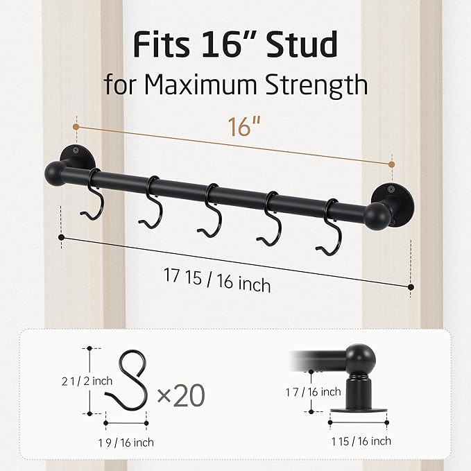 KES 110lb High-Capacity Pot Rack Wall Mounted Set of 2, 16 Inch Pot Hangers for Kitchen with 5 Hooks, 18/8 Stainless Steel Screws & Drilling Template for 16" Stud Mount, Black, KUR228S16-BK-P2 - Image 6