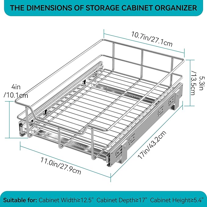 Pull Out Cabinet Organizer 11" W X 17" D, Slide Out Drawers For Kitchen Organizers and Storage, Pull Out Drawers For Cabinets Capacity Heavy Duty Caddy, Cabinet Shelves Chrome-Plated, Bathroom Pantry - Image 2