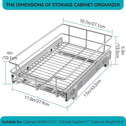 Pull Out Cabinet Organizer 11" W X 17" D, Slide Out Drawers For Kitchen Organizers and Storage, Pull Out Drawers For Cabinets Capacity Heavy Duty Caddy, Cabinet Shelves Chrome-Plated, Bathroom Pantry - Image 2